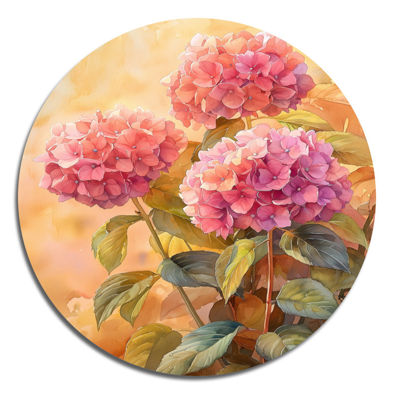 Hortensias dans un jardin ensoleillé II - reproduction d'art traditionnelle rose en métal, hydrangées rondes, art mural en métal