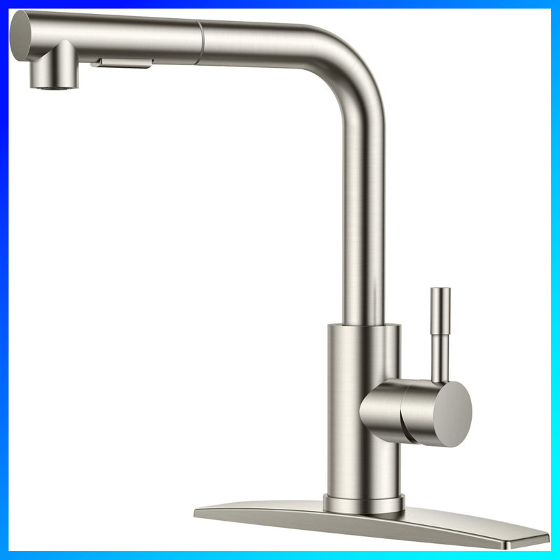 Robinet de cuisine à poignée simple - pulvérisateur rétractable en nickel brossé avec plaque de pont, compatible avec les installations à 1 ou 3 trous (idéal pour les bars, les véhicules récréatifs, les fermes et les buanderies)