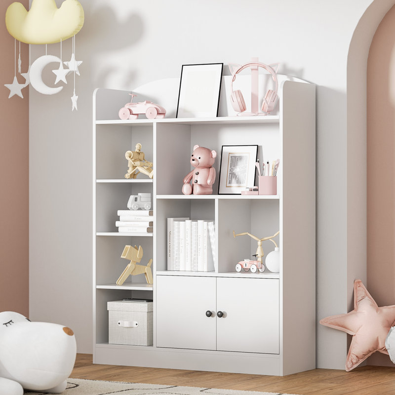 Cube Bookshelf, Modern Bookcase With 7 Cubbies And 2 Cabinets, Freestanding Book Storage Shelves For Bedroom, Playroom, Hallway