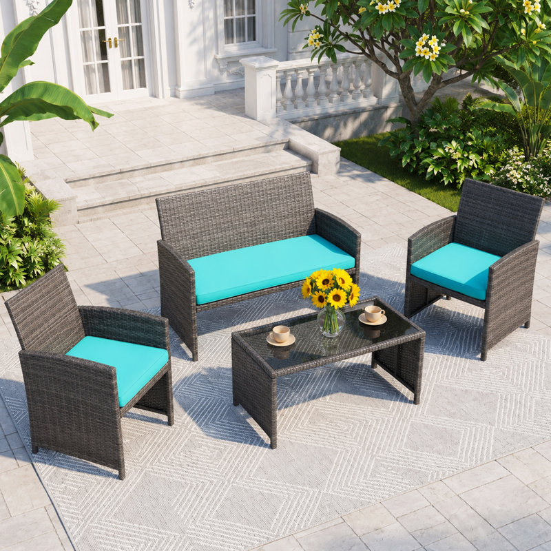 Arquit 4 - Person Outdoor Patio Seating Group with Cushions, Light Blue