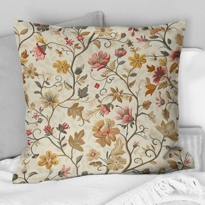 Beige Pink Floral Meadows Print I - Traditional Throw Pillow
