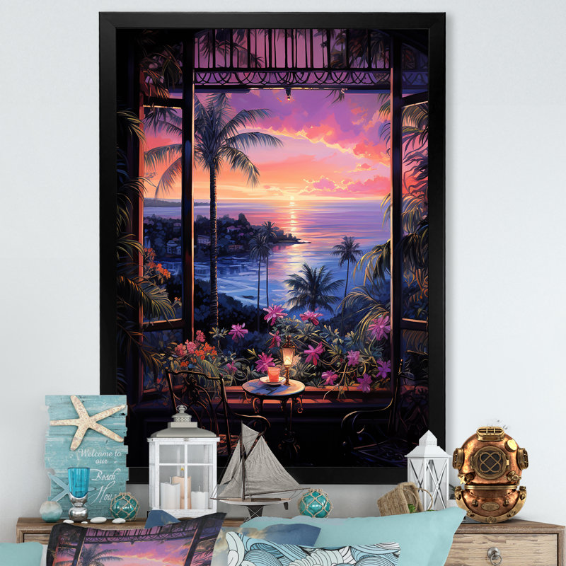 «Tropical Coastal Windows View Sunset I» - art mural fenêtres côtières, Cadre simple noir, H 20 po x l 12 po x P 1 po