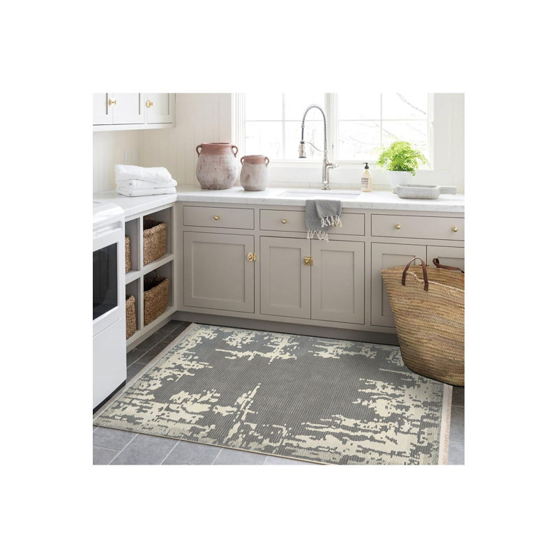 Tapis décoratif moderne abstrait gris lavable à la machine, Sous-tapis rectangulaire de 3 pi 3 po x 4 pi 11 po