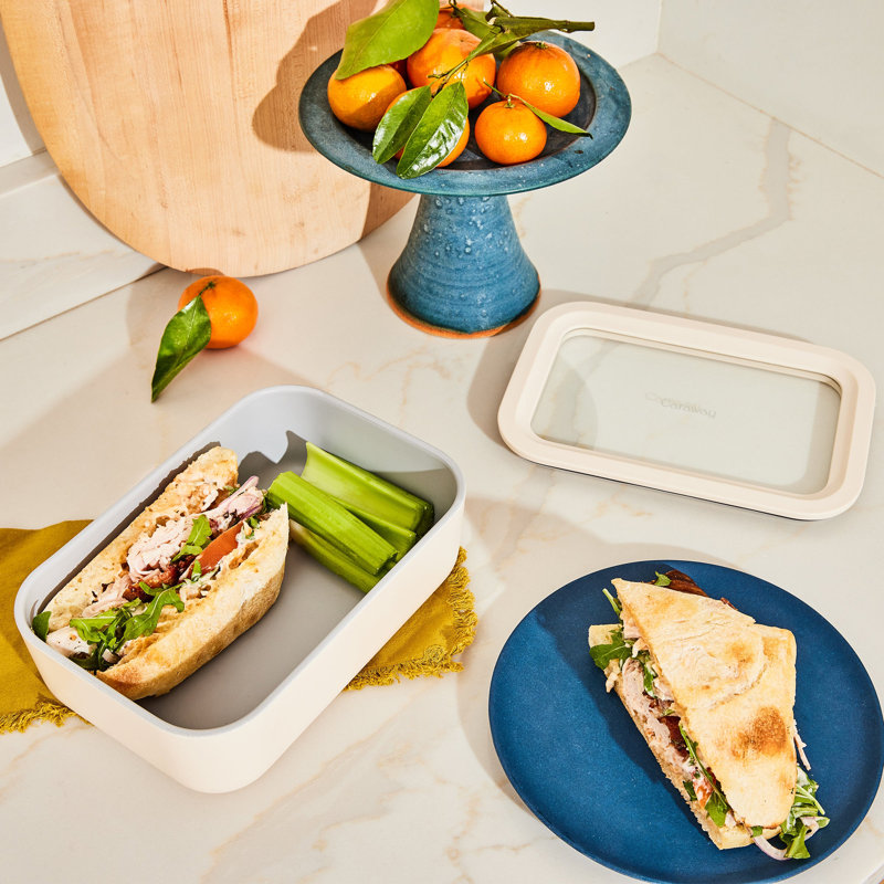 Caraway 6.6 Cup Glass Food Container Rectangular Shape W/ Lid, Cream
