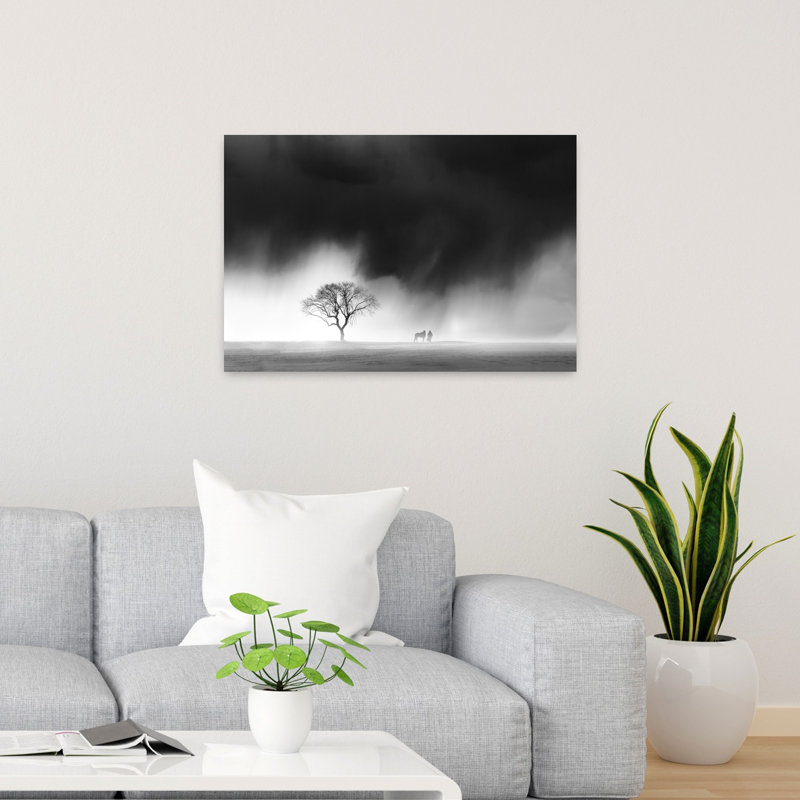 Misty Winter Solitude Dramatic Minimalist Serene Horse Landscape Tree Wall Art Print 1 Piece Wrapped Canvas Wall Art