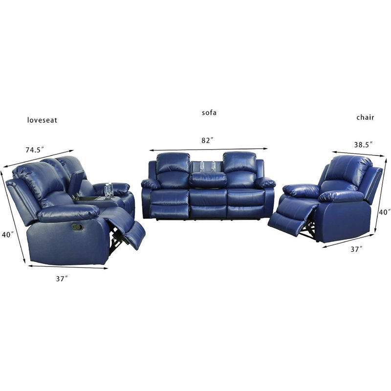 Blue Vegan Leather 3-Piece Manual Reclining Sofa Set