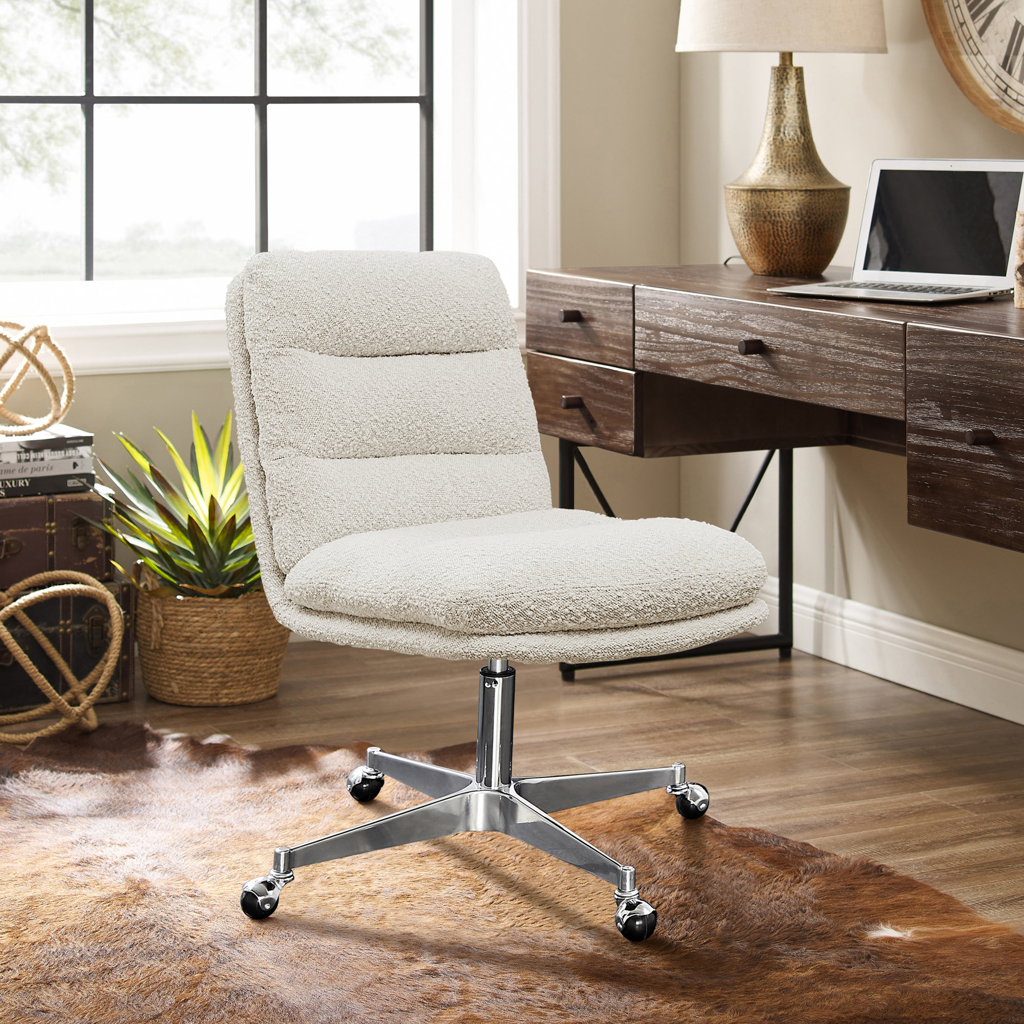 Paynesville Swivel Office Task Chair with Wheels, Boucle , Off-White
