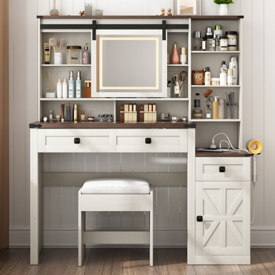 Ensemble de coiffeuse avec porte de grange avec miroir lumineux, plateau en verre et douille
