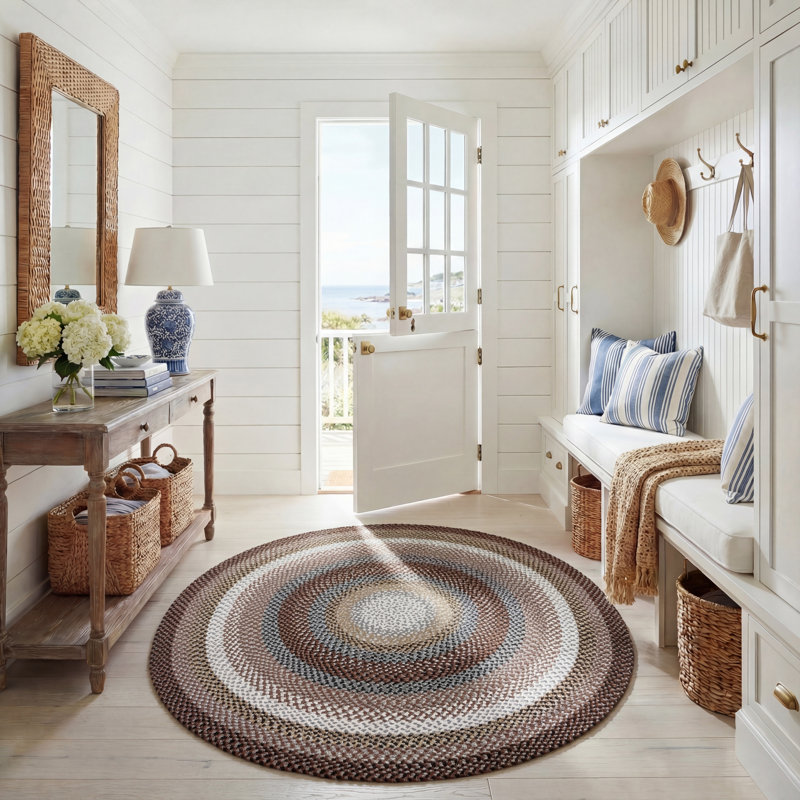 Braided Hand Woven Machine Washable Striped Outdoor Indoor/Outdoor Area Rug, Round 5'
