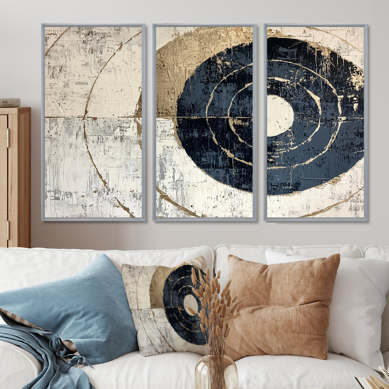 «Beige et bleu», ensemble d'impressions d'art mural abstrait spirale céleste «I», H 32 po x l 48 po, Argent argent