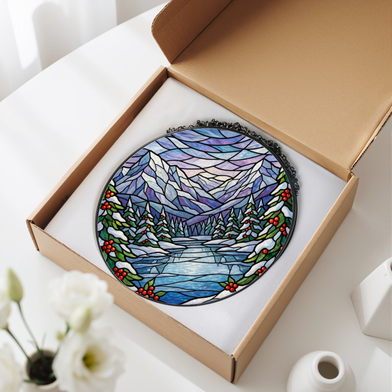 7.8"H Winter Landscape Stained Glass Window Panel, 7.8" H x 7.8" W