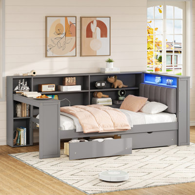 Twin Wood Bed With Platform, Storage Shelves, Drawers, Charging, Led Ambiance, Upholstered Headboard And End Table, Grey Tint Mix Platform Made From Wood, Headboard, Multiple Storage, Built - In