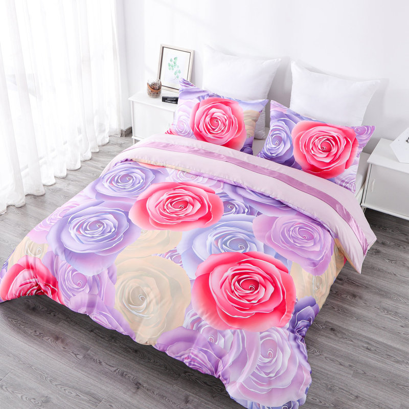 Ensemble de housse de couette en microfibre 4 pièces, Housse de couette très grand + 3 pièces supplém, Floral rose