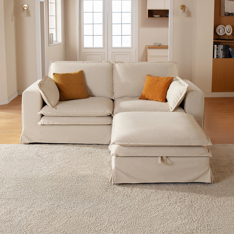 L-shaped Oversized Enveloping Feel Double-decker Loveseat Sofa With A Storage Ottoman, Beige