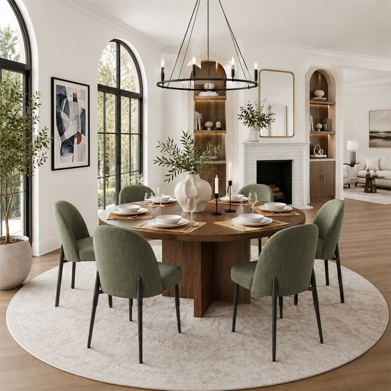 7-Piece Round Dining Set With 60" Pedestal Table And 6 Upholstered Chairs, Green