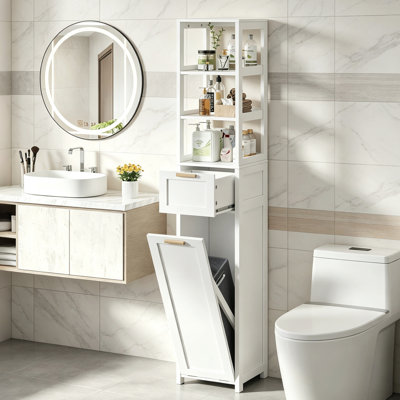 Bathroom Narrow Storage Shelves Tall Cabinet With Drawer & Tilt Out Laundry Hamper Trash Can Retractable Bookcase For Small Space Living Room Kitchen