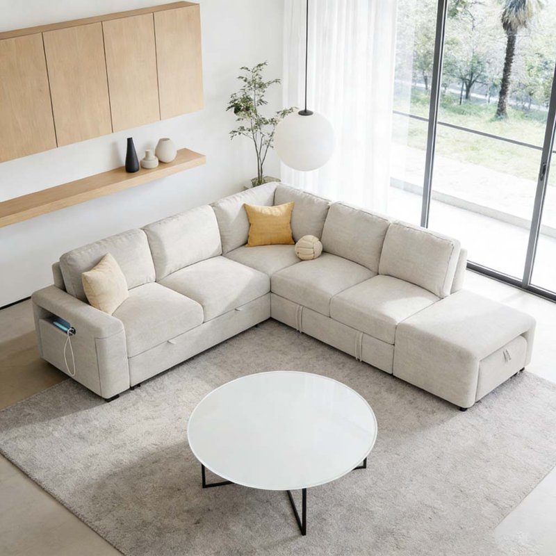 Canapé modulaire rembourré en L avec espace de rangement, Beige