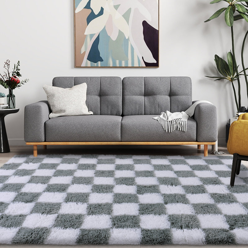 Tapis blanc et gris clair à carreaux antidérapant idéal pour les chambres d'enfants, les zones d'étude et les salons, Blanc
