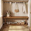 Banc en bois massif 59 pouces à 2 niveaux avec tablettes ouvertes pour couloir, vestibule, chambre à coucher, brun naturel