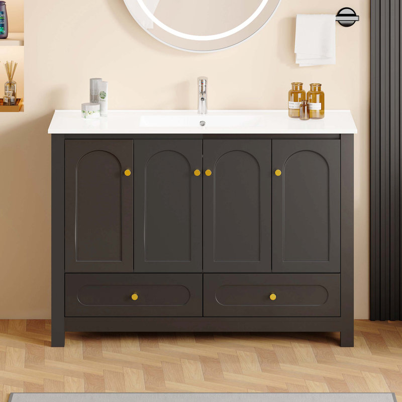 Meuble-lavabo de grande capacité avec plusieurs portes et tiroirs à fermeture douce, équipé d'un lavabo en résine, Noir