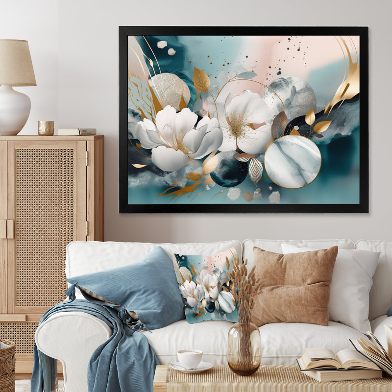 «Blue Marble Gold Floral Impressions V», art mural sur toile florale, L 20 po x H 12 po, Cadre photo noir