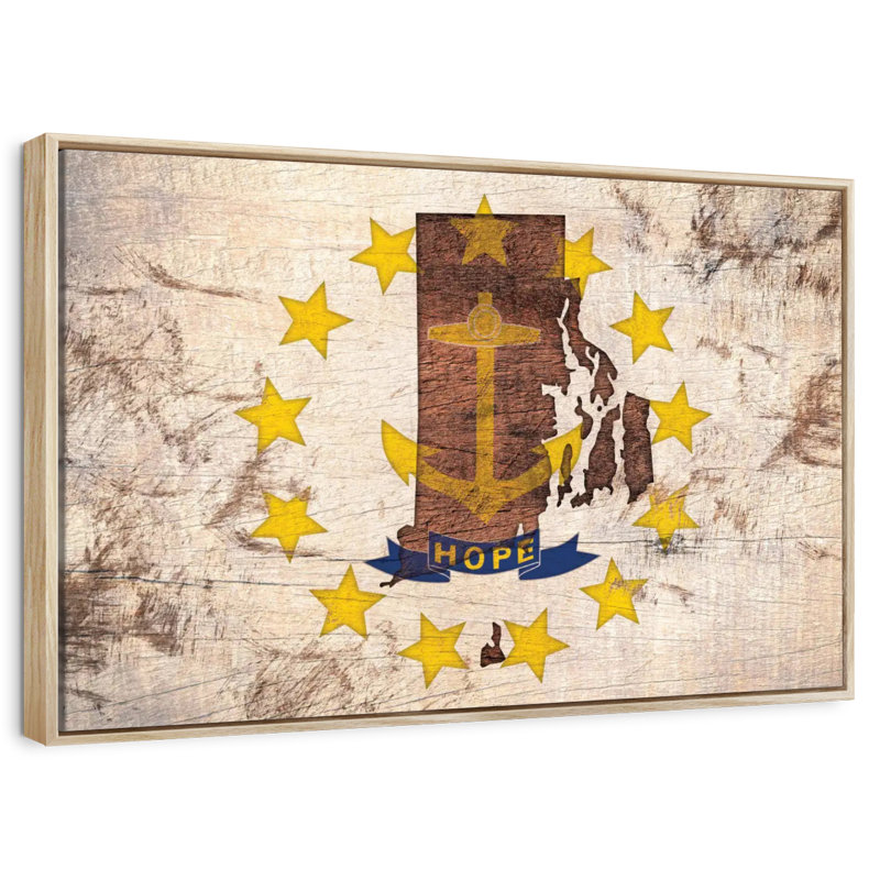 Carte d'État sur le drapeau du Rhode Island, Cadre flottant en bois naturel, 46 po x 31 po