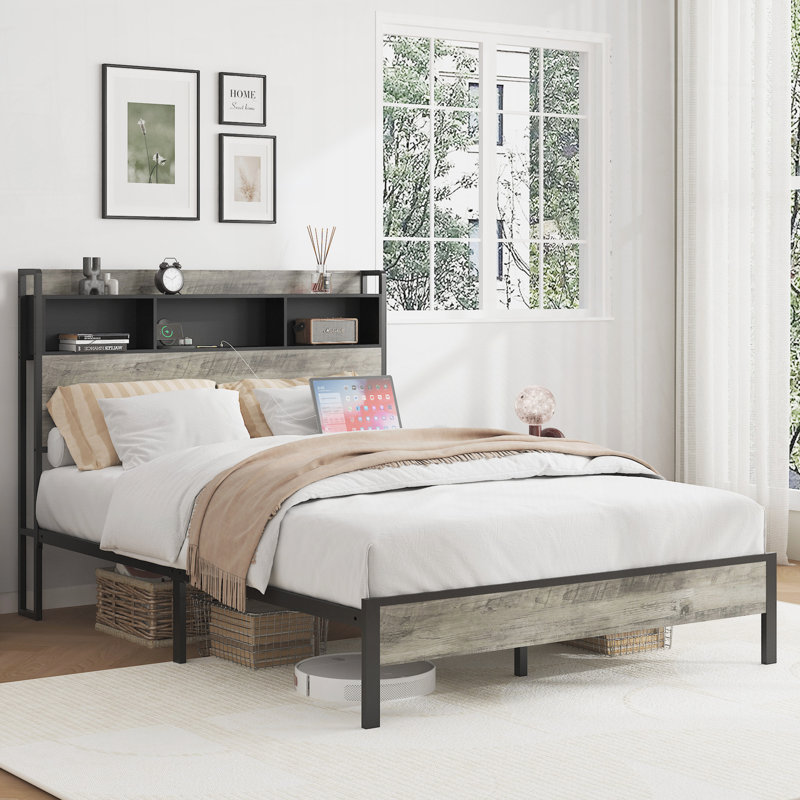 Wooden platform bed frame, with storage and 2 USBs, Full