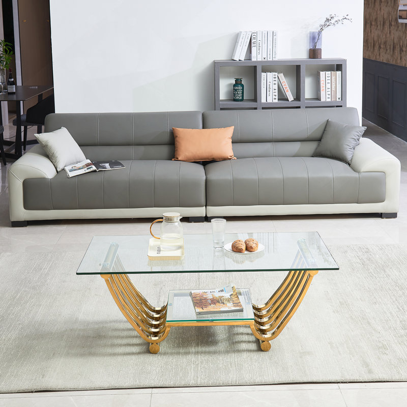 Table basse rectangulaire moderne en acier inoxydable de 47 po, table basse double couche en verre trempé transparent