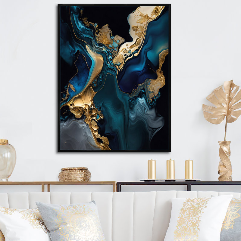 «Abstract Geode Marble Blue IV», art abstrait sur toile marbrée, L 16 po x H 32 po, Toile avec cadre flottant noir