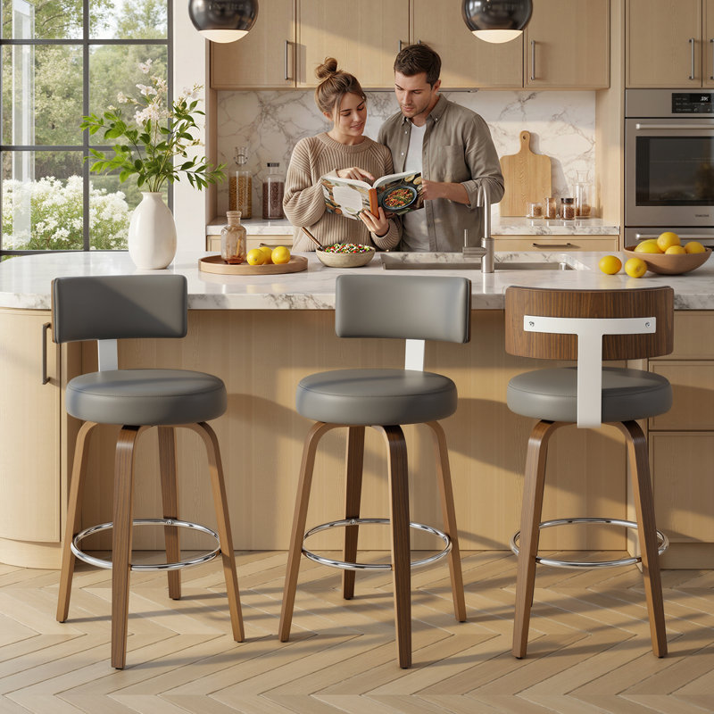 Sonja Swivel Upholstered Counter Stool, Counter Stool (26" Seat Height), Gray Seat/ Brown Frame
