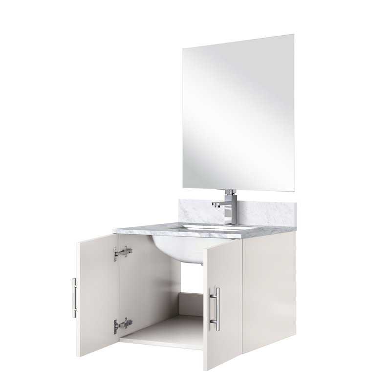 24 po L x P 22 po. Meuble-lavabo blanc brillant avec comptoir en marbre, robinet et 18 miroirs, surface de travail D, comptoir et robinet