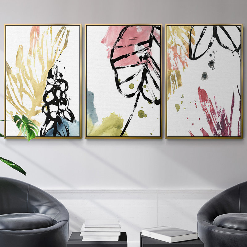 No Deckle Tropical Moderne II, ensemble de 3 toiles encadrées sur toile, Or, H 36 po x l 72 po