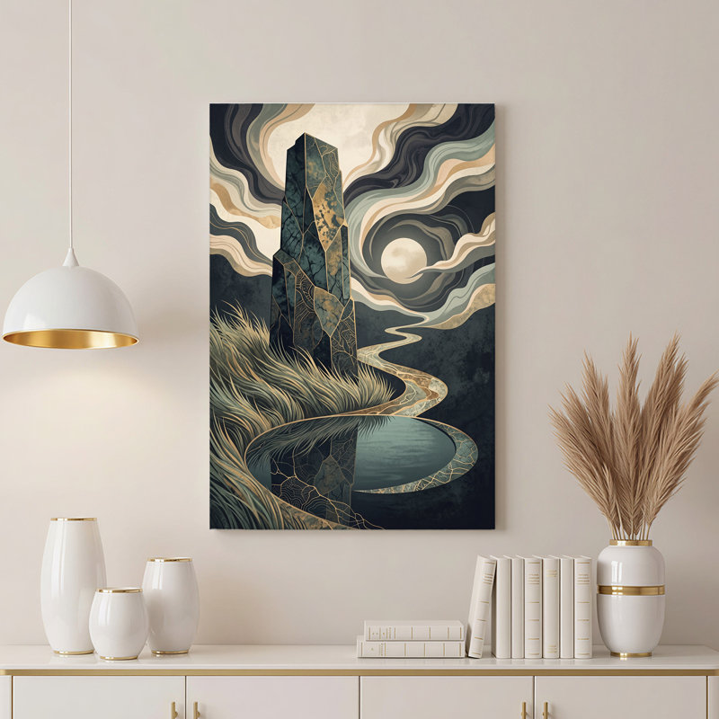 Art mural sur toile monolithe en pierre avec fissures dorées et reflet au clair de lune, 36"H x 24"W