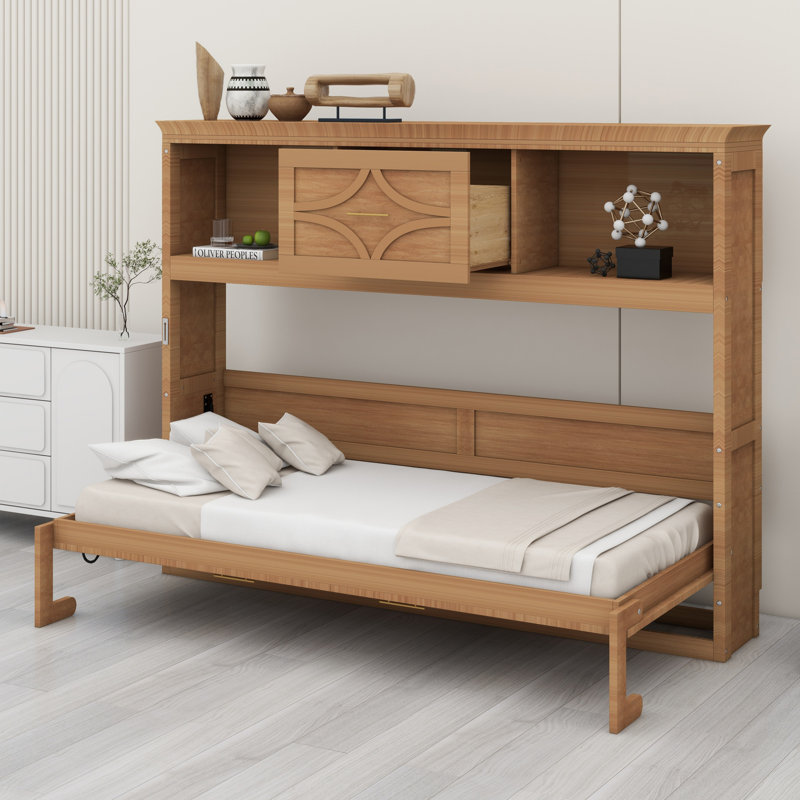 Lit escamotable avec station de charge et tiroir, Bois