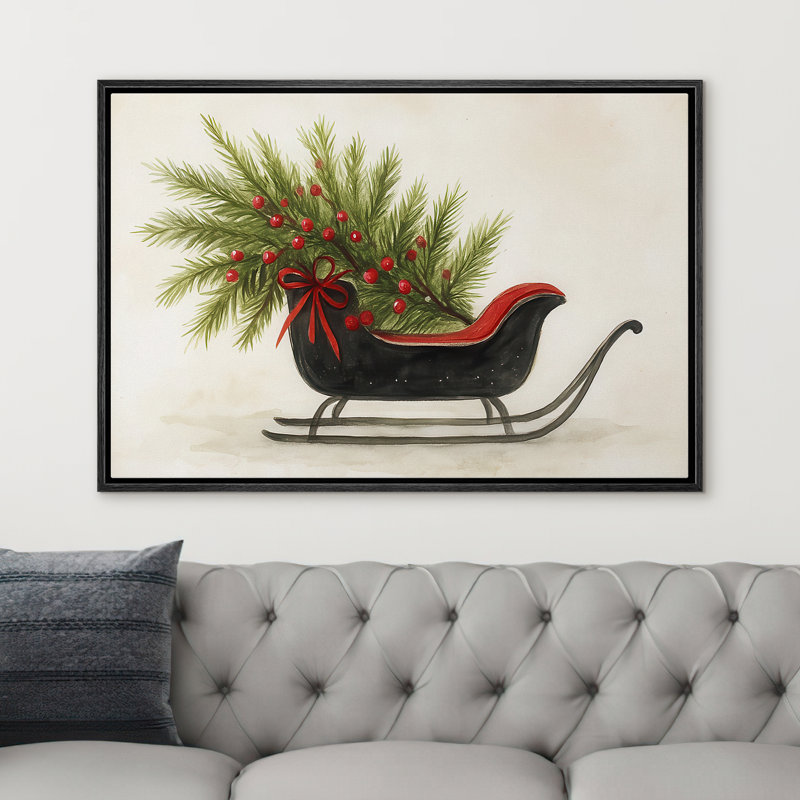 «Festive Holly & Red Bow Sleigh Holiday», reproduction d'art sur toile encadrée dans la chambre principale, Noir