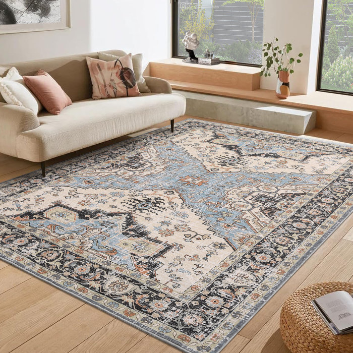 Tapis décoratif antidérapant lavable à motif floral rétro, Rectangle 5 pi x 7 pi