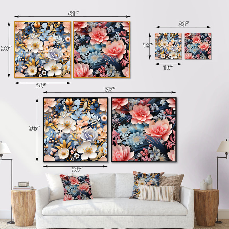 Berene - Ensemble de 2 collages carrés floraux, Cadre flottant doré, H 30 po x l 61 po
