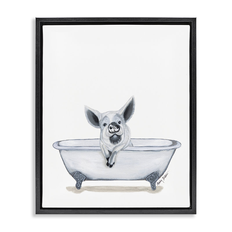 "Cochon dans la baignoire", art mural encadré par Ashley Justice, Cadre flottant noir de jais, H 21 po x l 17 po