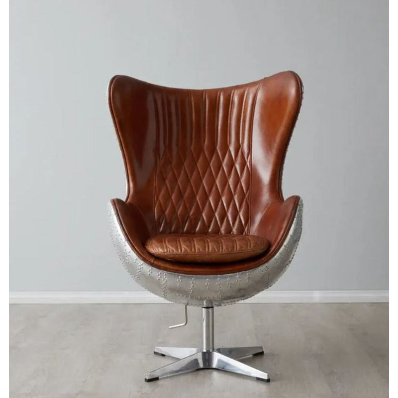 Cantline 32'' Wide Tufted Swivel Balloon Chair, Brown Faux Leather