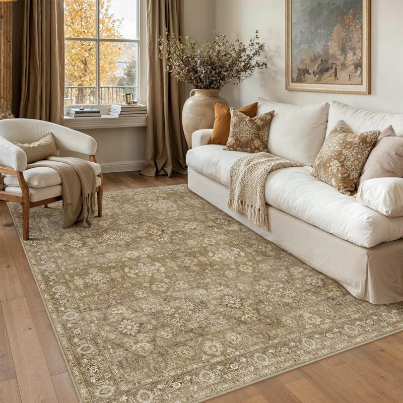 Alma Beige/Brown Vintage Area Rug With Non-Slip Backing, Rectangle 6' x 9'