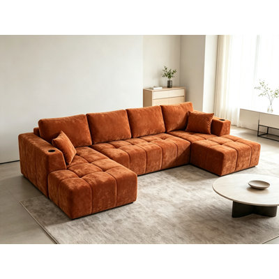 Canapé modulaire 132 po en chenille orange modulaire en U de 132 po, canapé à compression 6 places avec méridienne double, porte-gobelets et poches latérales, canapé rembourré sans assemblage pour le salon