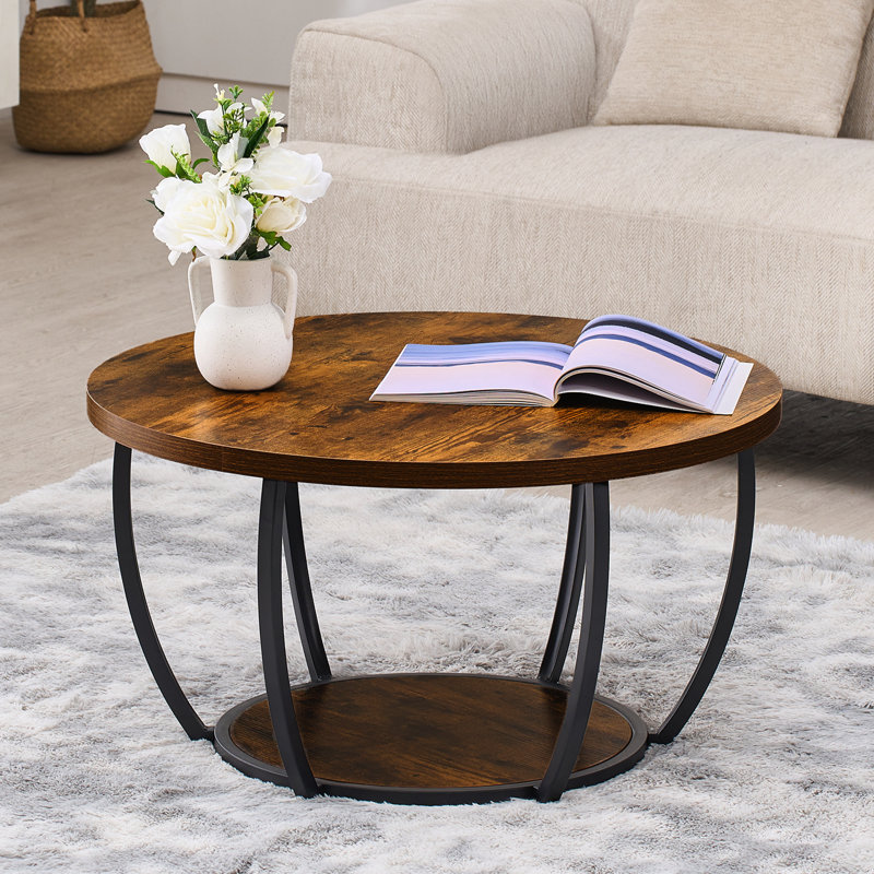Coffee Table, Modern Round Coffee Table, 2 Tiers Wooden Circle Center Desk with Open Storage, Minimalist Sturdy Metal Frame Accent End Desk for Living Room, Office, Easy Assembly, Rustic Brown