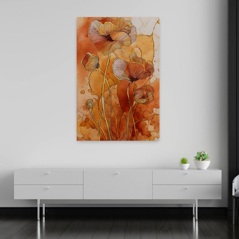 Warm Botanical Poppies Abstract Contemporary Delicate Poppy Flower Wall Art Print, 152.4cm H x 101.6cm W