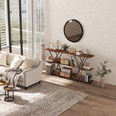 Console 71 po, table d'entrée industrielle à 3 niveaux, brun rustique