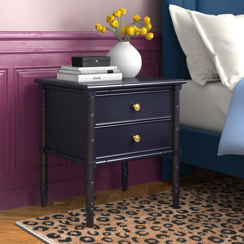 Elegant Monserrat 23'' W Nightstand – Glam Boho 2 Drawer Wood Chest, Bamboo Details & Neutral Finish, Navy