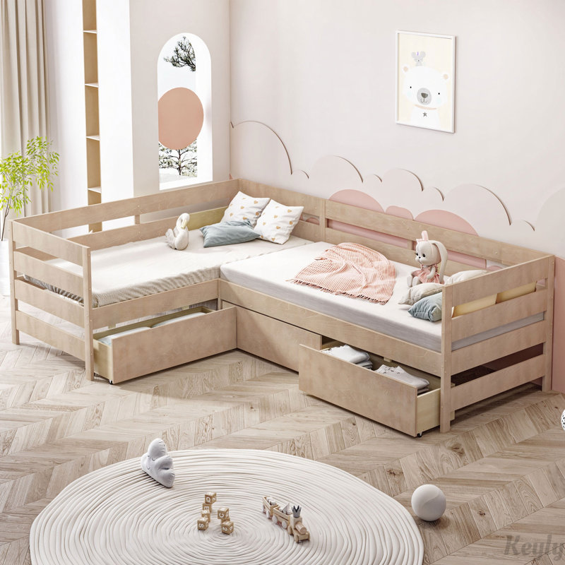 L-shaped Platform Bed with Three Storage Drawers, Natural