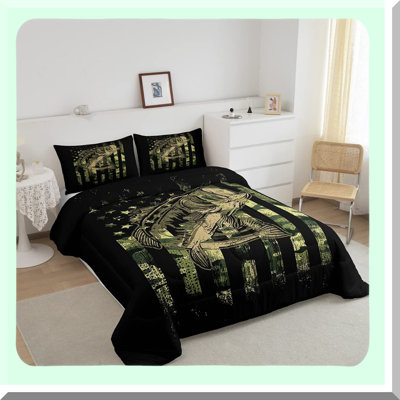 Wild Camo Flag Comforter Set - Fish Camouflage Bedding - Farmhouse Fishing Decor Quilted Set - 3Pcs Full Size - Green Black