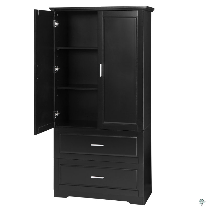 Grande armoire de rangement pour salle de bain, armoire avec deux portes et tiroirs, tablette réglable, Noir mat