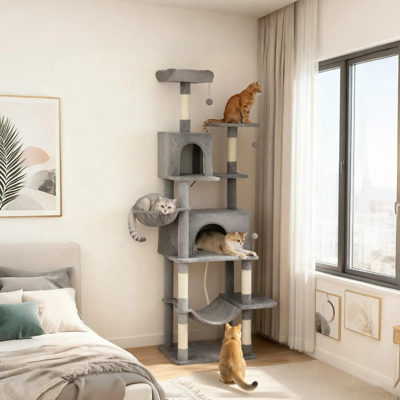 Tour pour arbre à chat à niveaux multiples de 80 po avec 2 condos, 2 hamacs, 6 poteaux à griffer en sisal - Gris foncé