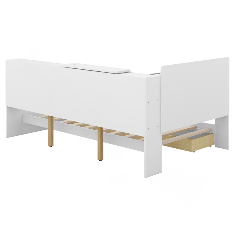 Lit plateforme simple en bois avec tête de lit avec rangement, tablettes et 2 tiroirs, blanc